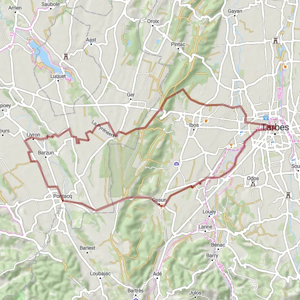 Mapa miniatúra "Gravelová cyklotrasa cez Ossun a Pontacq" cyklistická inšpirácia v Midi-Pyrénées, France. Vygenerované cyklistickým plánovačom trás Tarmacs.app