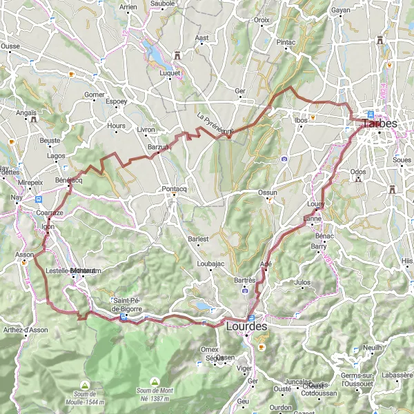 Map miniature of "Circuit around Tarbes via Juillan and Adé" cycling inspiration in Midi-Pyrénées, France. Generated by Tarmacs.app cycling route planner