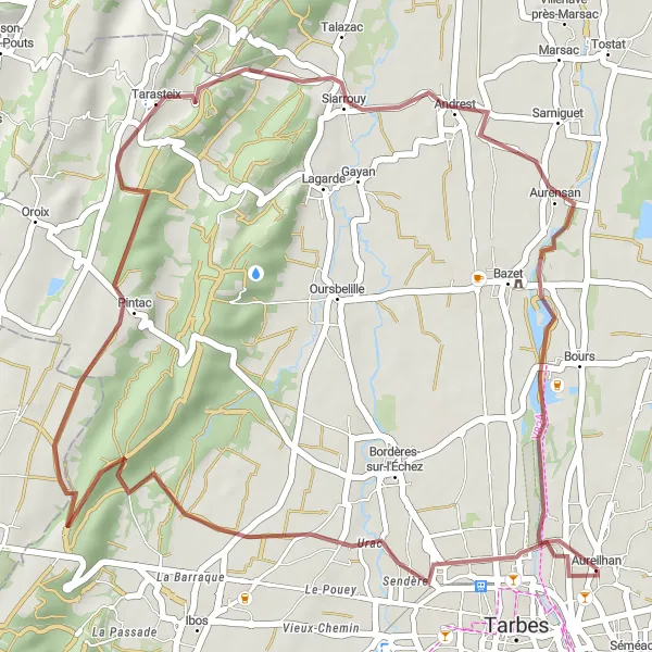 Miniatua del mapa de inspiración ciclista "Ruta de Grava hacia Cloître y Bazet" en Midi-Pyrénées, France. Generado por Tarmacs.app planificador de rutas ciclistas