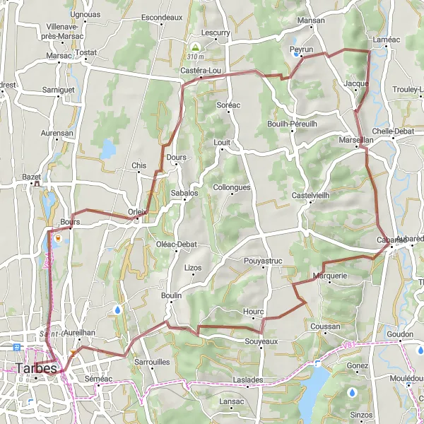 Miniatuurkaart van de fietsinspiratie "Avontuurlijke grindroute van Tarbes naar Bours" in Midi-Pyrénées, France. Gemaakt door de Tarmacs.app fietsrouteplanner