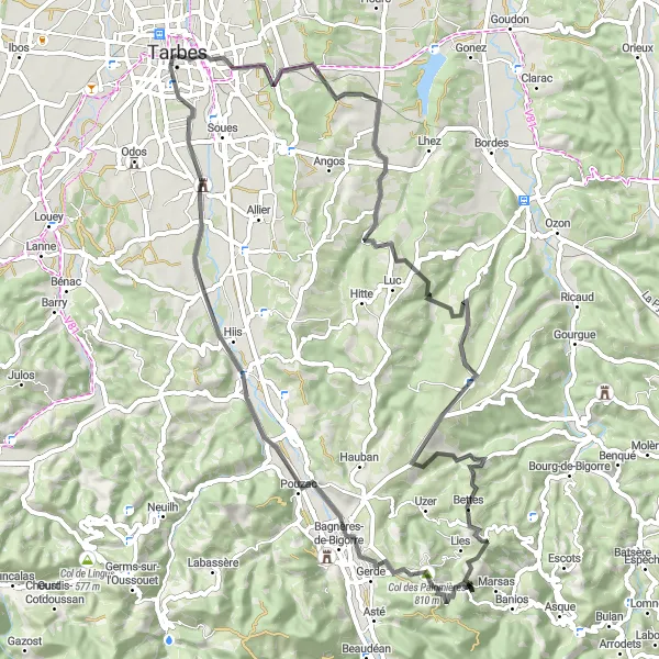 Miniatuurkaart van de fietsinspiratie "Pittoreske route van Tarbes naar Bagnères-de-Bigorre" in Midi-Pyrénées, France. Gemaakt door de Tarmacs.app fietsrouteplanner