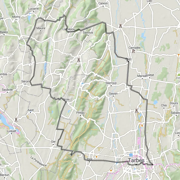 Zemljevid v pomanjšavi "Kolesarska pot iz Tarbesa" kolesarske inspiracije v Midi-Pyrénées, France. Generirano z načrtovalcem kolesarskih poti Tarmacs.app