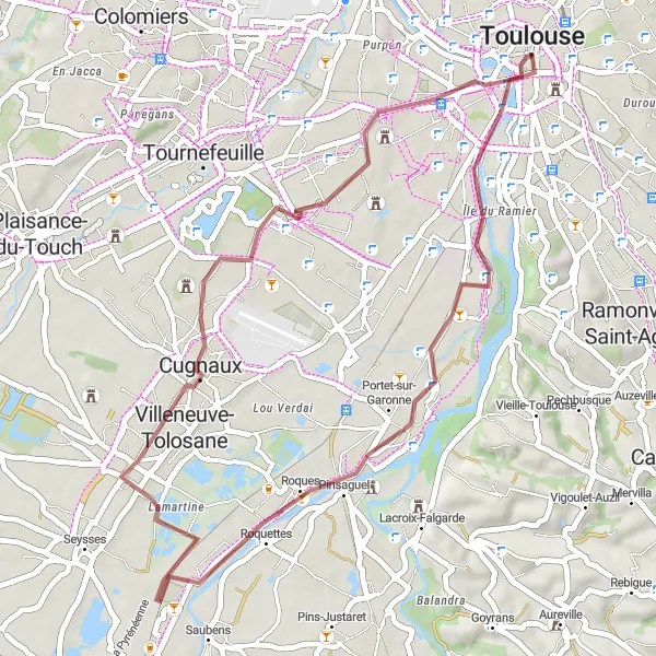 Zemljevid v pomanjšavi "Pustolovščina po makadamskih poteh blizu Toulousa" kolesarske inspiracije v Midi-Pyrénées, France. Generirano z načrtovalcem kolesarskih poti Tarmacs.app