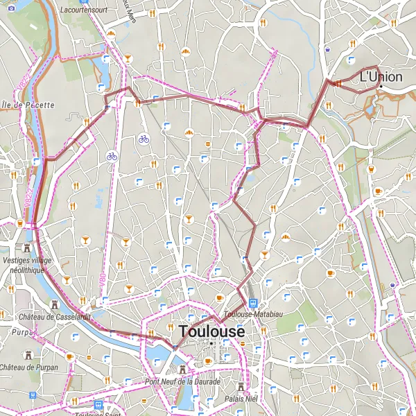 Zemljevid v pomanjšavi "Potepanje po podeželju blizu Toulousa" kolesarske inspiracije v Midi-Pyrénées, France. Generirano z načrtovalcem kolesarskih poti Tarmacs.app