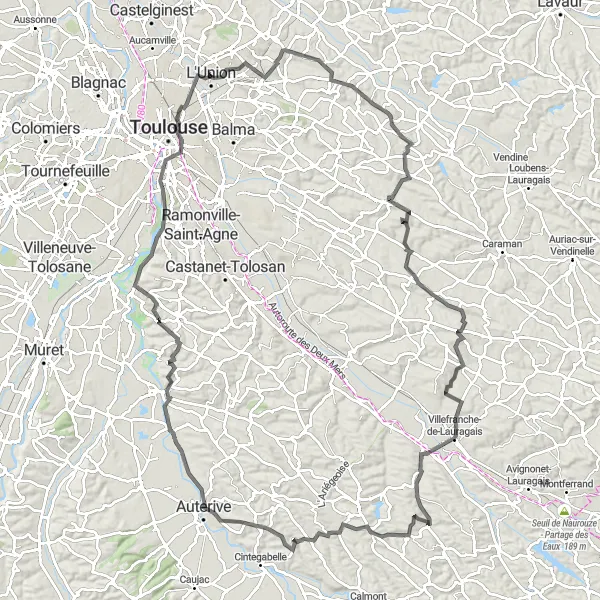 Miniatua del mapa de inspiración ciclista "Ruta de 126 km cerca de Toulouse" en Midi-Pyrénées, France. Generado por Tarmacs.app planificador de rutas ciclistas