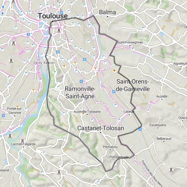 Map miniature of "The Country Escape" cycling inspiration in Midi-Pyrénées, France. Generated by Tarmacs.app cycling route planner