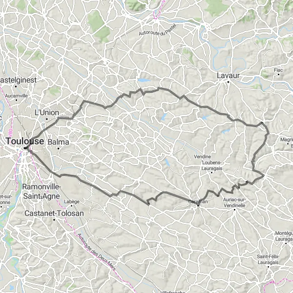 Mapa miniatúra "Kultúrna cyklotrasa Toulouse a okolie" cyklistická inšpirácia v Midi-Pyrénées, France. Vygenerované cyklistickým plánovačom trás Tarmacs.app