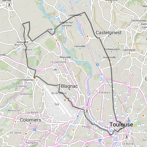 Zemljevid v pomanjšavi "Krožna pot okoli Toulousa" kolesarske inspiracije v Midi-Pyrénées, France. Generirano z načrtovalcem kolesarskih poti Tarmacs.app
