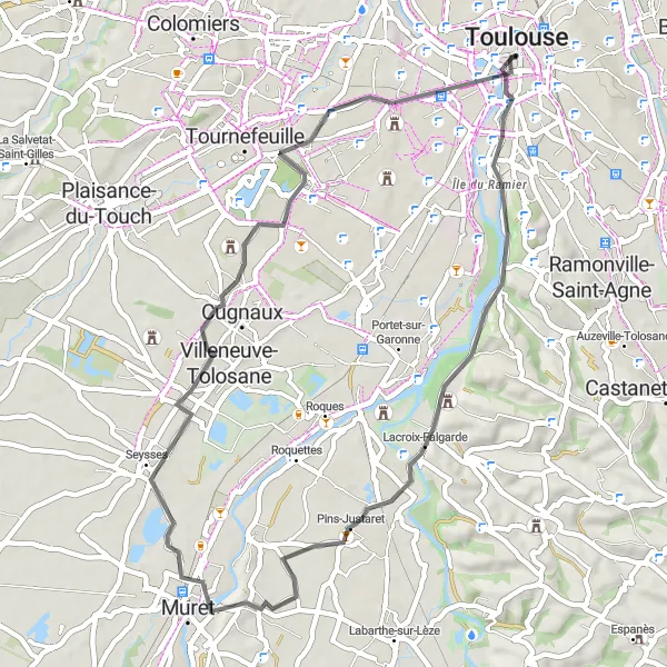 Miniatua del mapa de inspiración ciclista "Ruta de 48 km desde Toulouse" en Midi-Pyrénées, France. Generado por Tarmacs.app planificador de rutas ciclistas