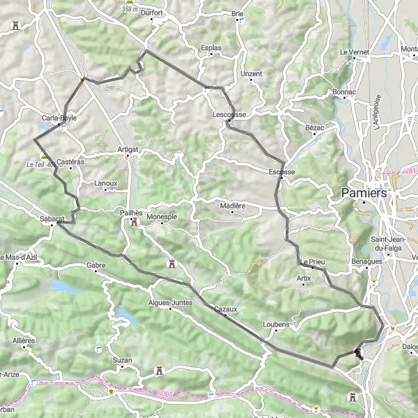 Map miniature of "Varilhes to Montégut-Plantaurel Loop" cycling inspiration in Midi-Pyrénées, France. Generated by Tarmacs.app cycling route planner