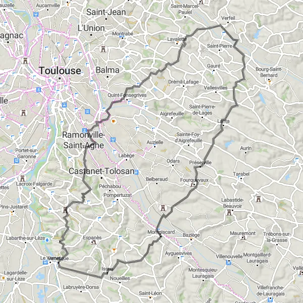 Miniatua del mapa de inspiración ciclista "Ruta en carretera desde Venerque a Rebigue" en Midi-Pyrénées, France. Generado por Tarmacs.app planificador de rutas ciclistas