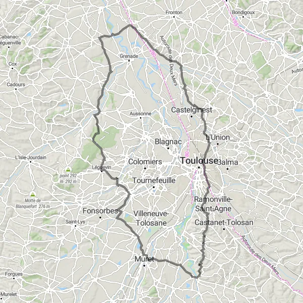 Karten-Miniaturansicht der Radinspiration "Aufregende Road-Bike-Tour durch die Region von Venerque" in Midi-Pyrénées, France. Erstellt vom Tarmacs.app-Routenplaner für Radtouren