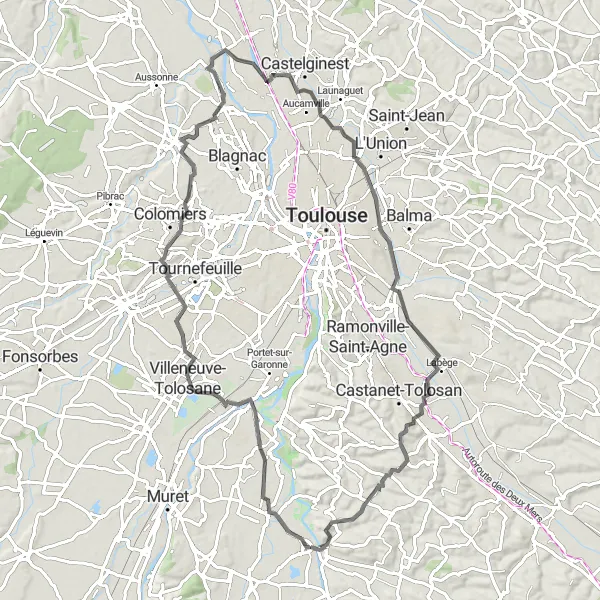 Miniaturní mapa "Okolí Venerque - Pinsaguel, Midi-Pyréné. Cesta po silnici" inspirace pro cyklisty v oblasti Midi-Pyrénées, France. Vytvořeno pomocí plánovače tras Tarmacs.app