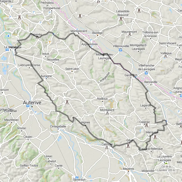 Miniatuurkaart van de fietsinspiratie "Route van Venerque naar Labruyère-Dorsa" in Midi-Pyrénées, France. Gemaakt door de Tarmacs.app fietsrouteplanner