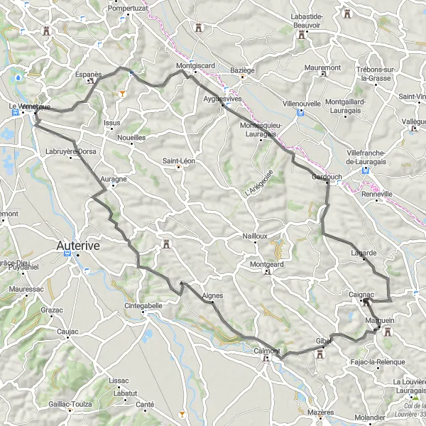 Map miniature of "Exploring the Countryside of Venerque" cycling inspiration in Midi-Pyrénées, France. Generated by Tarmacs.app cycling route planner