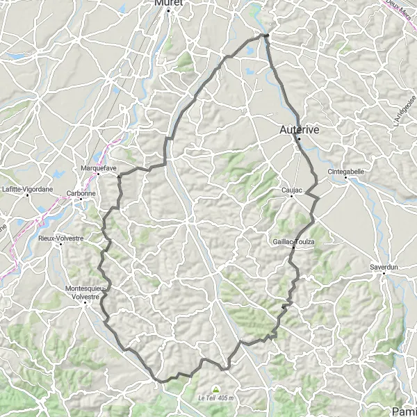 Mapa miniatúra "100 km okruh z Venerque cez Grépiac až späť" cyklistická inšpirácia v Midi-Pyrénées, France. Vygenerované cyklistickým plánovačom trás Tarmacs.app