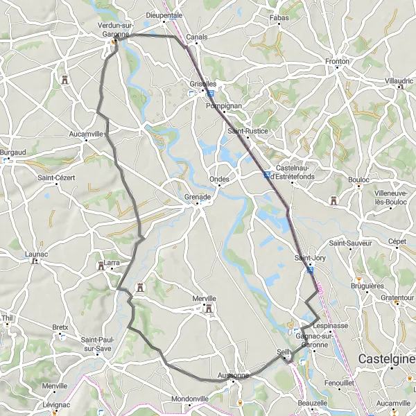 Map miniature of "The Castle Circuit" cycling inspiration in Midi-Pyrénées, France. Generated by Tarmacs.app cycling route planner