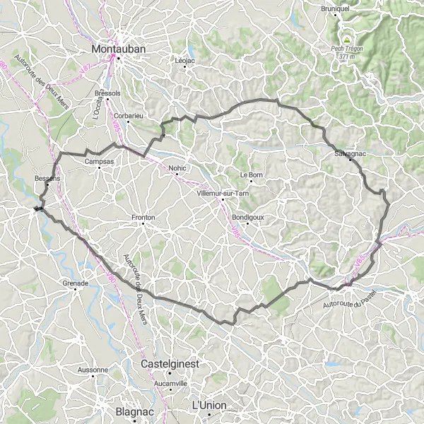 Miniatuurkaart van de fietsinspiratie "Scenic 120 km route van Verdun-sur-Garonne" in Midi-Pyrénées, France. Gemaakt door de Tarmacs.app fietsrouteplanner