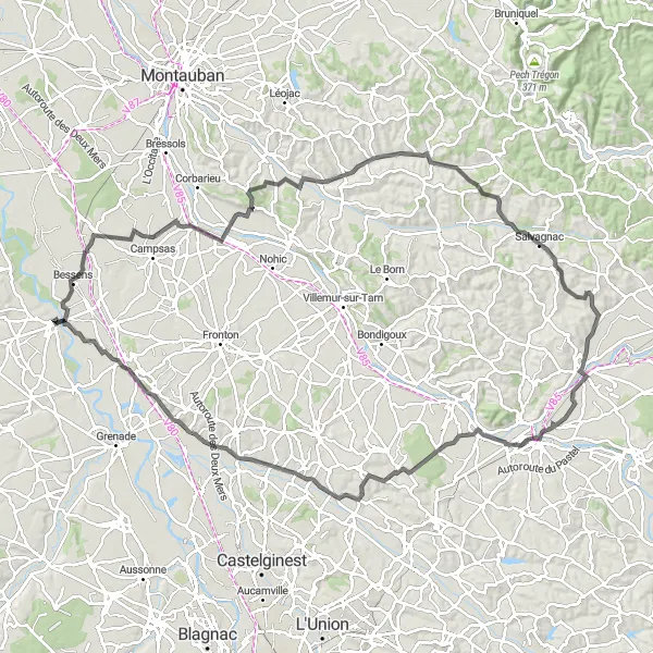 Map miniature of "Hilltop Adventure" cycling inspiration in Midi-Pyrénées, France. Generated by Tarmacs.app cycling route planner