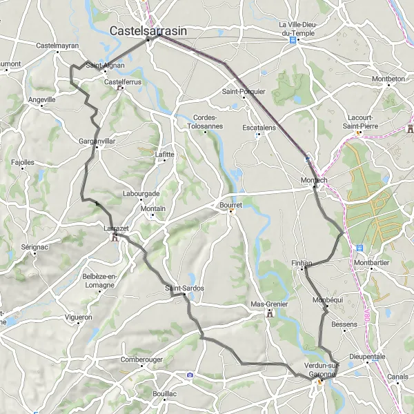 Miniature de la carte de l'inspiration cycliste "Les coteaux de la Garonne" dans la Midi-Pyrénées, France. Générée par le planificateur d'itinéraire cycliste Tarmacs.app