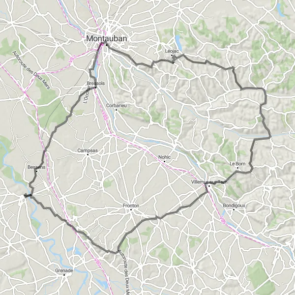 Miniatua del mapa de inspiración ciclista "Exploración de Monclar-de-Quercy y Villaudric en bicicleta" en Midi-Pyrénées, France. Generado por Tarmacs.app planificador de rutas ciclistas