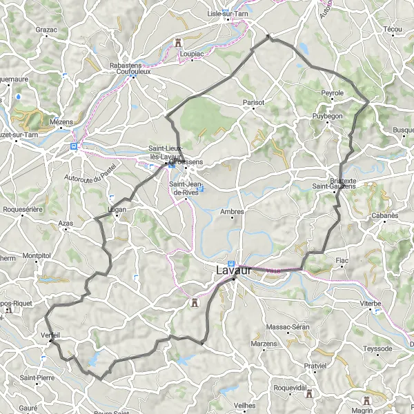 Zemljevid v pomanjšavi "Okoliš Verfeila in La Grèzaude" kolesarske inspiracije v Midi-Pyrénées, France. Generirano z načrtovalcem kolesarskih poti Tarmacs.app