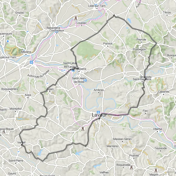 Miniatuurkaart van de fietsinspiratie "Verfeil naar Verfeil via Lugan en Labastide-Saint-Georges" in Midi-Pyrénées, France. Gemaakt door de Tarmacs.app fietsrouteplanner