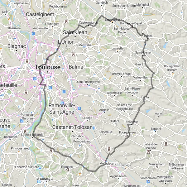 Miniaturní mapa "Cyklistická trasa kolem Verfeil" inspirace pro cyklisty v oblasti Midi-Pyrénées, France. Vytvořeno pomocí plánovače tras Tarmacs.app