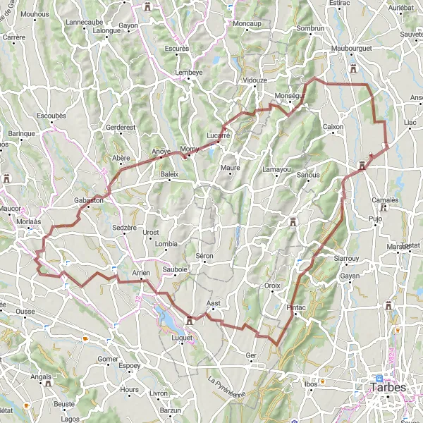 Map miniature of "Gravel Delights: Andoins Circular Route" cycling inspiration in Midi-Pyrénées, France. Generated by Tarmacs.app cycling route planner