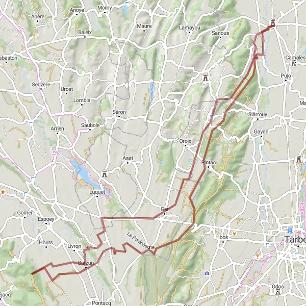 Map miniature of "Gravel Adventure: Saint-Lézer Loop" cycling inspiration in Midi-Pyrénées, France. Generated by Tarmacs.app cycling route planner