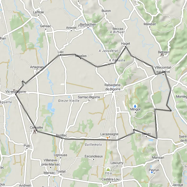 Miniature de la carte de l'inspiration cycliste "Tour panoramique près de Vic-en-Bigorre" dans la Midi-Pyrénées, France. Générée par le planificateur d'itinéraire cycliste Tarmacs.app