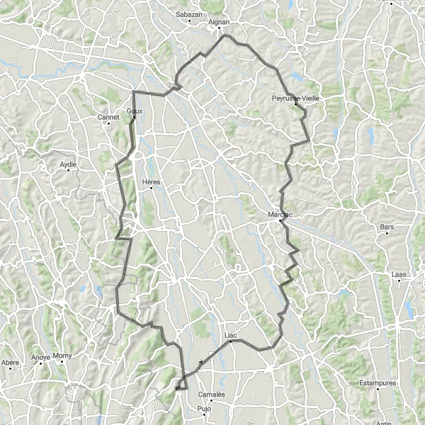 Miniatua del mapa de inspiración ciclista "Ruta de ciclismo de carretera a Marciac" en Midi-Pyrénées, France. Generado por Tarmacs.app planificador de rutas ciclistas