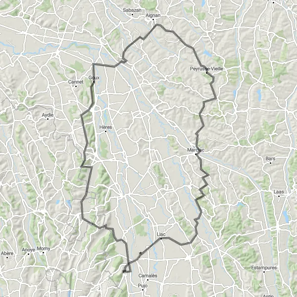 Miniatuurkaart van de fietsinspiratie "Caixon naar Artagnan Road Cycling Route" in Midi-Pyrénées, France. Gemaakt door de Tarmacs.app fietsrouteplanner