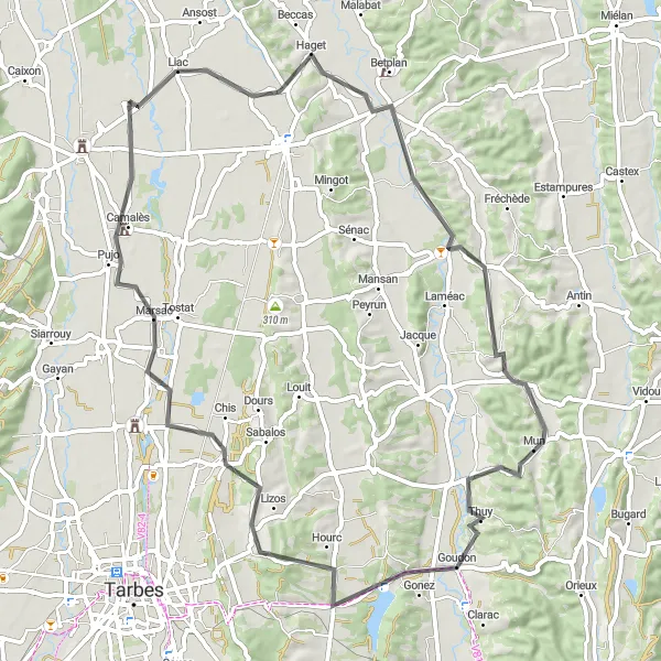 Miniaturní mapa "Cyklistická stezka kolem Vic-en-Bigorre" inspirace pro cyklisty v oblasti Midi-Pyrénées, France. Vytvořeno pomocí plánovače tras Tarmacs.app