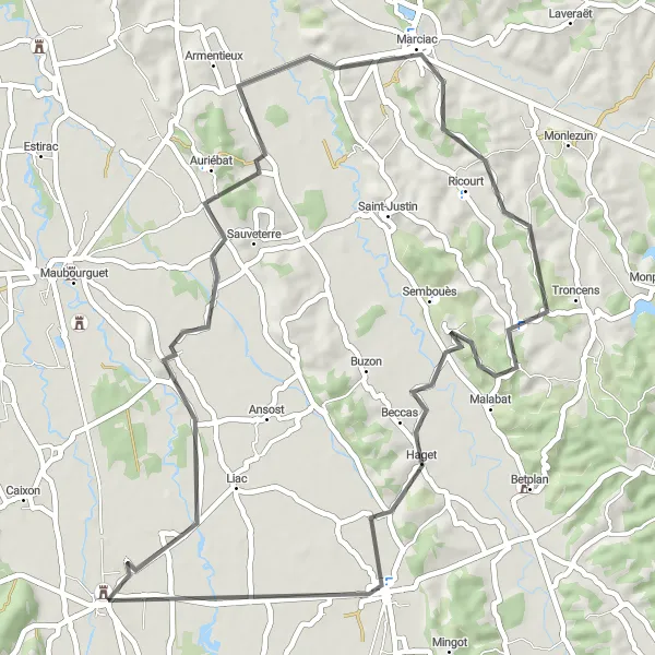 Miniaturní mapa "Okruh kolem Vic-en-Bigorre" inspirace pro cyklisty v oblasti Midi-Pyrénées, France. Vytvořeno pomocí plánovače tras Tarmacs.app