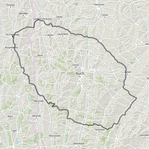 Zemljevid v pomanjšavi "Potovanje po pokrajini Gers" kolesarske inspiracije v Midi-Pyrénées, France. Generirano z načrtovalcem kolesarskih poti Tarmacs.app