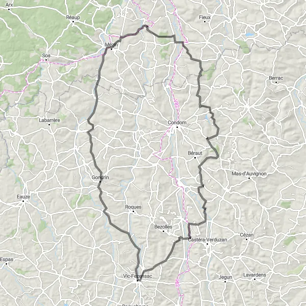 Map miniature of "Gondrin Explorer" cycling inspiration in Midi-Pyrénées, France. Generated by Tarmacs.app cycling route planner