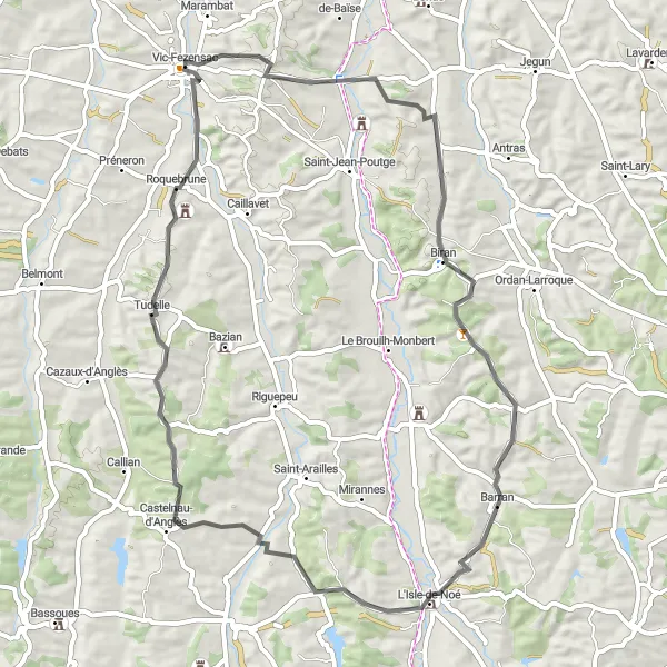 Miniatuurkaart van de fietsinspiratie "Rondje Pléhaut-Biran-Barran-L'Isle-de-Noé-Tudelle-Vic-Fezensac" in Midi-Pyrénées, France. Gemaakt door de Tarmacs.app fietsrouteplanner