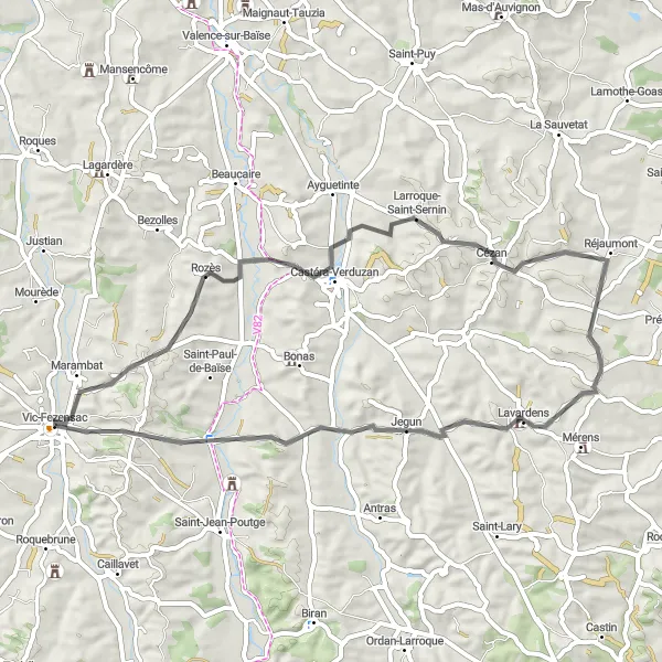 Miniatua del mapa de inspiración ciclista "Ruta corta con paisajes encantadores" en Midi-Pyrénées, France. Generado por Tarmacs.app planificador de rutas ciclistas