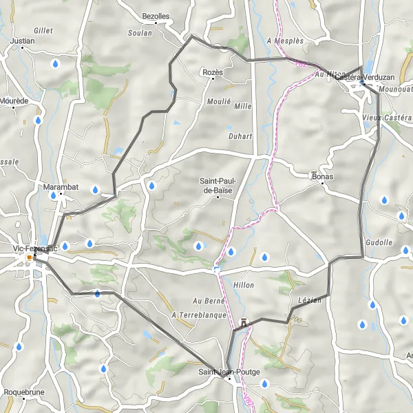 Karttaminiaatyyri "Vic-Fezensacin maaseutu polkupyörällä" pyöräilyinspiraatiosta alueella Midi-Pyrénées, France. Luotu Tarmacs.app pyöräilyreittisuunnittelijalla