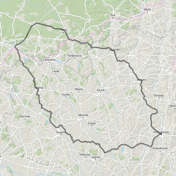 Zemljevid v pomanjšavi "Potovanje vzdolž Armagnac poti" kolesarske inspiracije v Midi-Pyrénées, France. Generirano z načrtovalcem kolesarskih poti Tarmacs.app