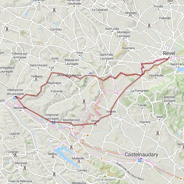 Map miniature of "Gravel Adventure to Mourvilles-Hautes" cycling inspiration in Midi-Pyrénées, France. Generated by Tarmacs.app cycling route planner