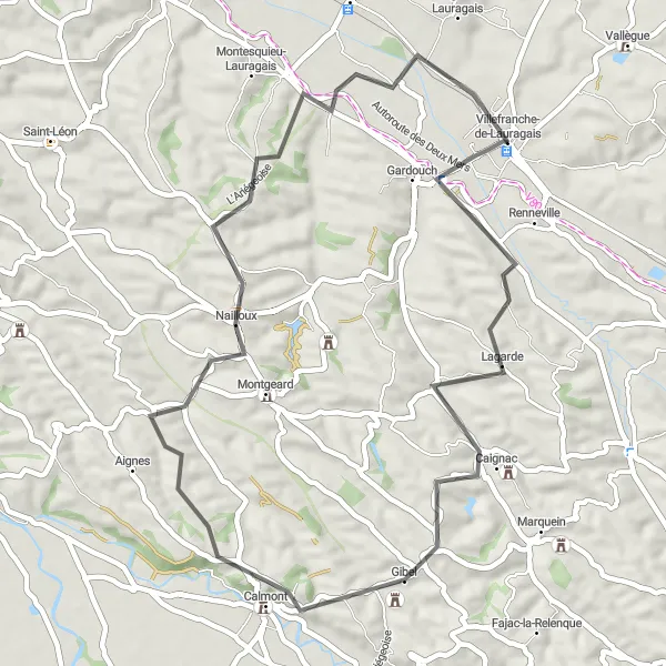 Mapa miniatúra "Krátky okruh cez Nailloux" cyklistická inšpirácia v Midi-Pyrénées, France. Vygenerované cyklistickým plánovačom trás Tarmacs.app