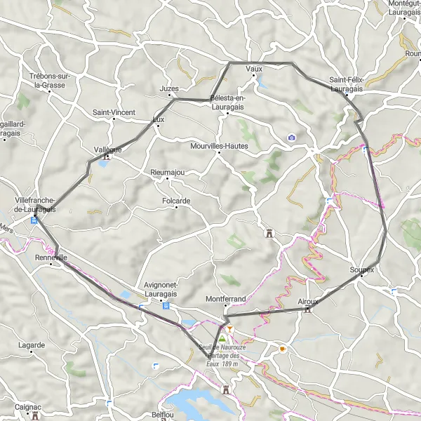 Kartminiatyr av "Villefranche-de-Lauragais til Avignonet-Lauragais Road Cycling Route" sykkelinspirasjon i Midi-Pyrénées, France. Generert av Tarmacs.app sykkelrutoplanlegger