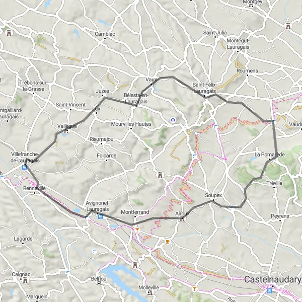 Miniaturní mapa "Vallègue, Bélesta-en-Lauragais, La Pomarède, Airoux, Montferrand, Renneville" inspirace pro cyklisty v oblasti Midi-Pyrénées, France. Vytvořeno pomocí plánovače tras Tarmacs.app