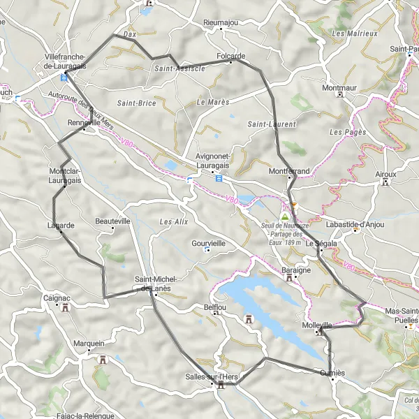 Kartminiatyr av "Villefranche-de-Lauragais til Renneville sykkeltur" sykkelinspirasjon i Midi-Pyrénées, France. Generert av Tarmacs.app sykkelrutoplanlegger