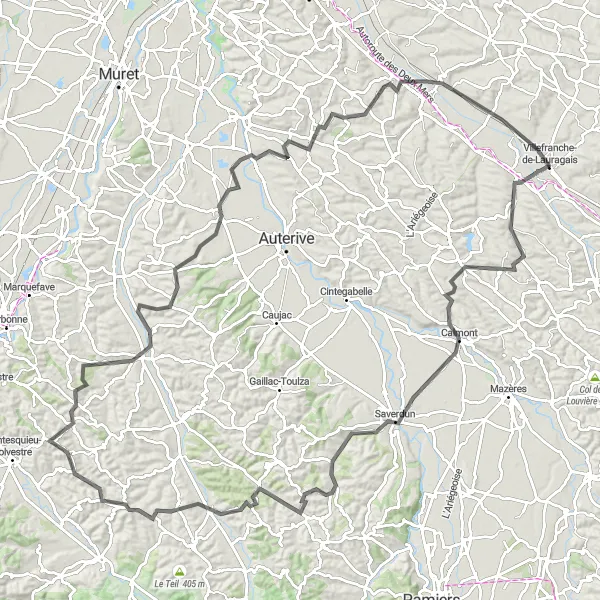 Miniaturní mapa "Kopcům kolem Villefranche" inspirace pro cyklisty v oblasti Midi-Pyrénées, France. Vytvořeno pomocí plánovače tras Tarmacs.app