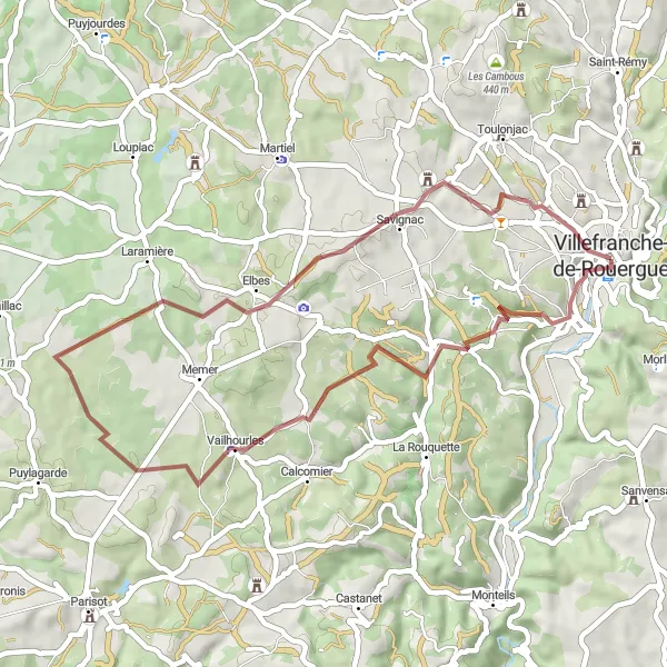 Miniatua del mapa de inspiración ciclista "Ruta de ciclismo de grava por los alrededores de Villefranche-de-Rouergue" en Midi-Pyrénées, France. Generado por Tarmacs.app planificador de rutas ciclistas