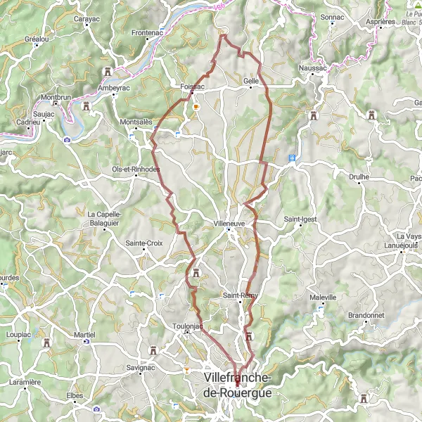 Zemljevid v pomanjšavi "Gravel adventure near Villefranche-de-Rouergue" kolesarske inspiracije v Midi-Pyrénées, France. Generirano z načrtovalcem kolesarskih poti Tarmacs.app