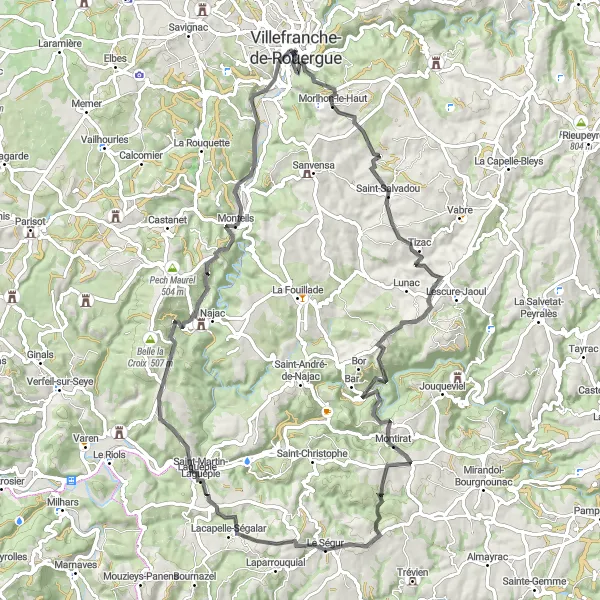 Miniaturní mapa "Kulturní výlet kolem Villefranche-de-Rouergue" inspirace pro cyklisty v oblasti Midi-Pyrénées, France. Vytvořeno pomocí plánovače tras Tarmacs.app